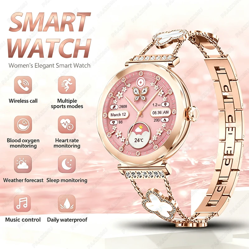 Watches Ladies Smartwatch - ローズゴールドのレディーススマートウォッチ2026。Bluetooth通話、心拍数、SpO2、睡眠モニタリング機能を搭載。IP68防水仕様で、スポーツモードも利用可能。女性へのギフトに最適。